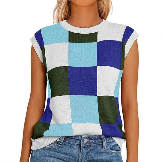 Damen lässiges ärmelloses Pullover-Top mit karierter Musterung R&B