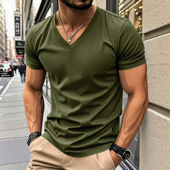 Herren nan klassisches V-Ausschnitt T-Shirt aus feinem Baumwolljersey mit verstärktem Nackenband und Doppelnaht R&B