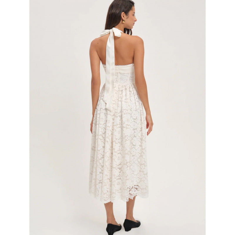 Damen luftiges Sommerkleid mit romantischem Spitzenoberteil und elastischem Taillenbund R&B