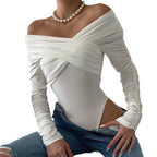 Damen eleganter Body mit drapiertem Oberteil und schmalen Ärmeln R&B