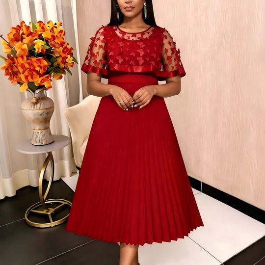 Damen elegantes Abendkleid mit plissiertem Rock und transparenten Puffärmeln R&B