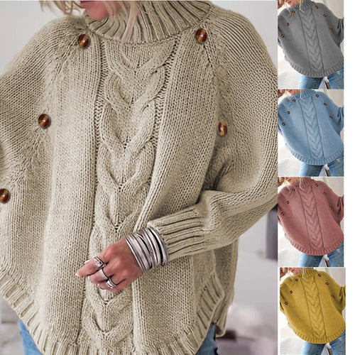 Damen Oversized Strickpullover mit Hochkragen und dekorativen Knopfdetails R&B