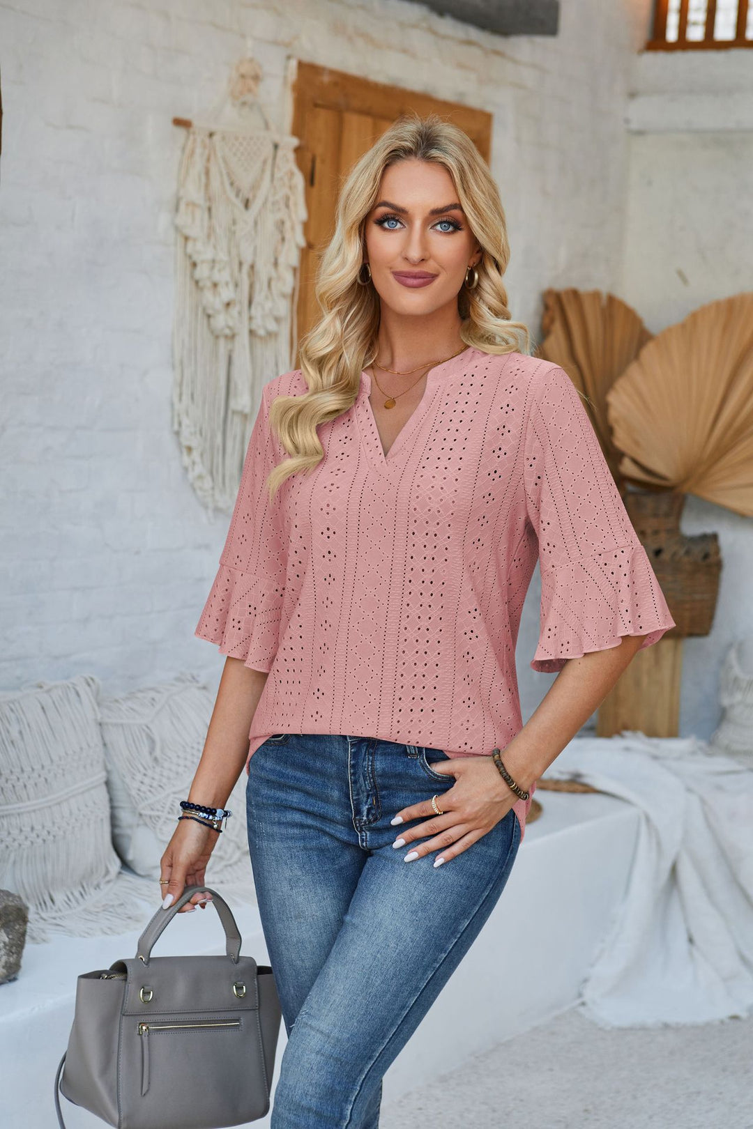 Damen modisches Oberteil mit durchbrochenem Design und Volantärmeln R&B