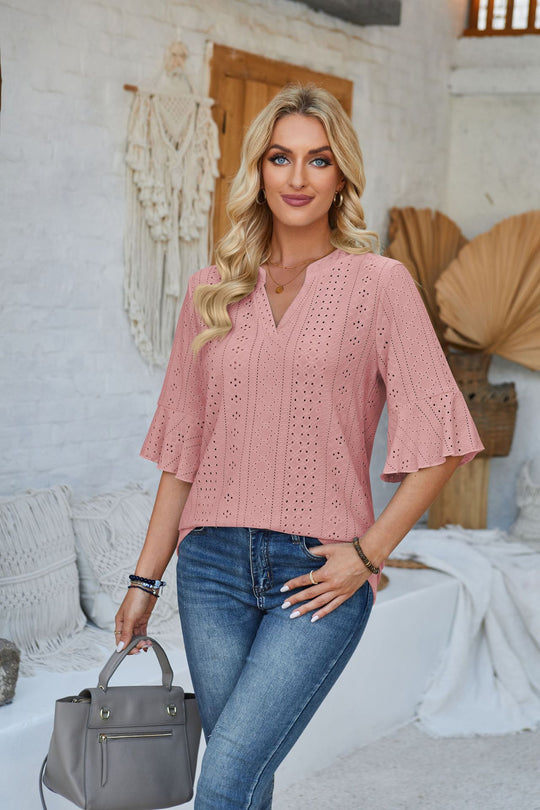 Damen modisches Oberteil mit durchbrochenem Design und Volantärmeln R&B