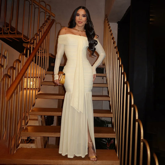 Damen Elegantes Maxikleid mit Off-Shoulder Design und raffinierten Drapierungen R&B