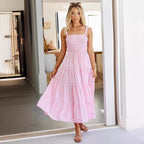 Damen Lange Sommerkleid mit schmalen Trägern und voluminösem Rock R&B