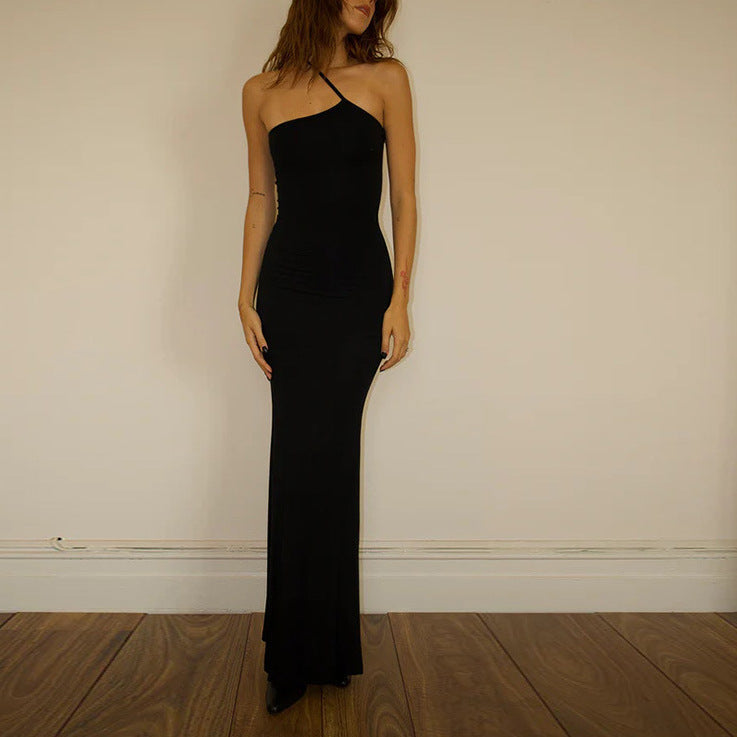 Damen elegantes Maxikleid mit asymmetrischem Träger und raffiniertem Schnitt R&B