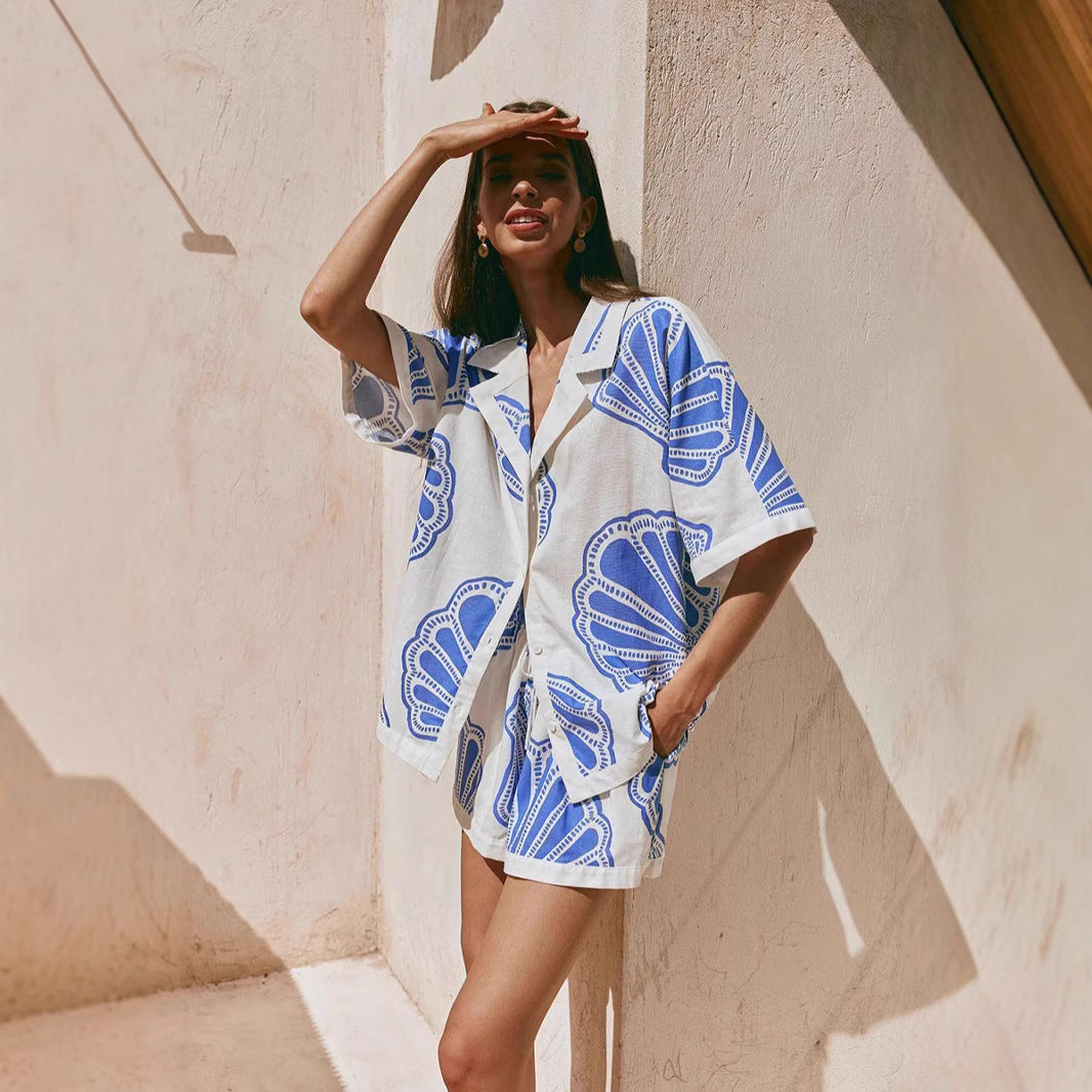 Damen Sommerliches Kurzarm-Set mit maritimem Muschel-Design und lockerer Passform R&B