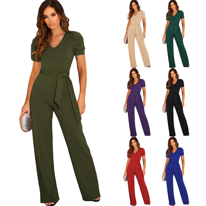Damen Eleganter Jumpsuit mit Taillengürtel und Puffärmel R&B