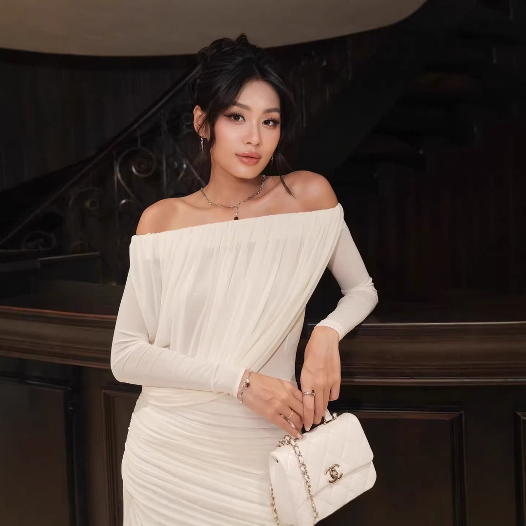 Damen Langarm Maxikleid mit Drapier-Design und schulterfreiem Ausschnitt R&B
