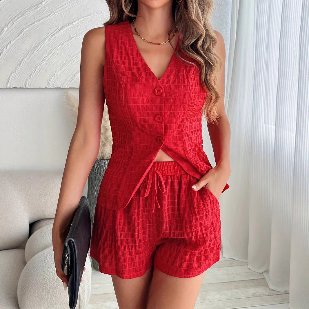 Damen Zweiteiliges Set mit strukturiertem Oberteil und elastischen Shorts R&B