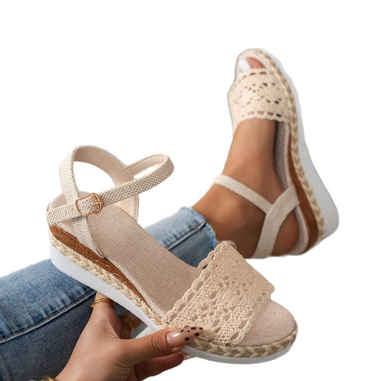 Damen Wedge-Sandalen mit floralem Häkelmuster und rutschfester Sohle R&B