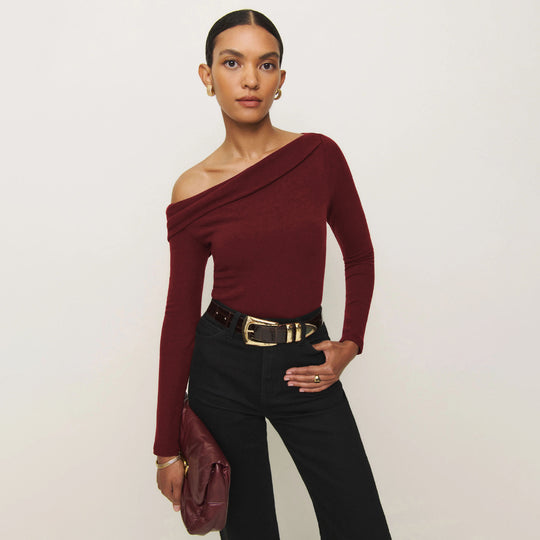 Damen Elegantes Langarmoberteil mit schrägem Ausschnitt und figurbetontem Schnitt R&B