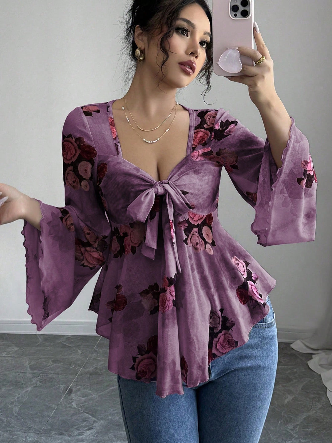 Damen luftige Bluse mit Blumenmuster R&B