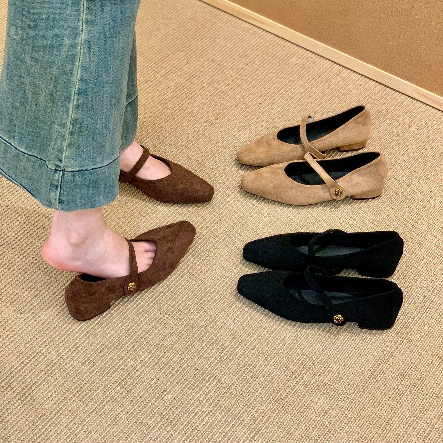 Damen elegante Ballerinas mit modischem Riemchen und hochwertigem Veloursleder R&B
