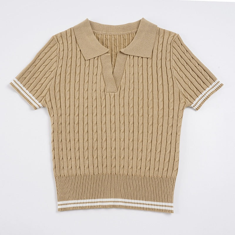 Damen kurzärmeliges Strickoberteil mit raffiniertem Rippmuster und Polokragen R&B