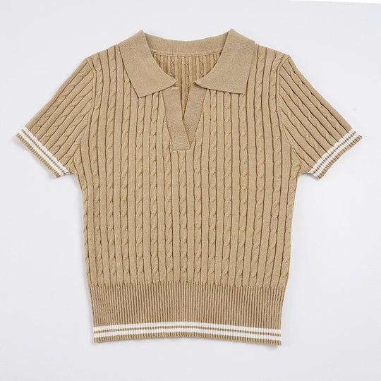 Damen kurzärmeliges Strickoberteil mit raffiniertem Rippmuster und Polokragen R&B