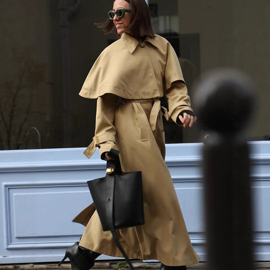 Damen trendiger Trenchcoat mit weit oversize Schnitt und abnehmbarer Kapuze R&B