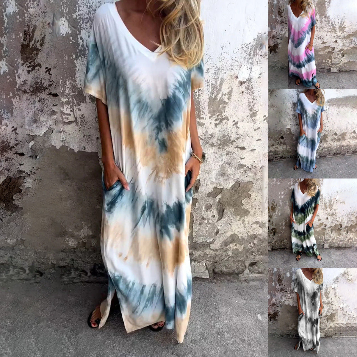 Damen Maxikleid mit V-Ausschnitt und seitlichen Taschen R&B