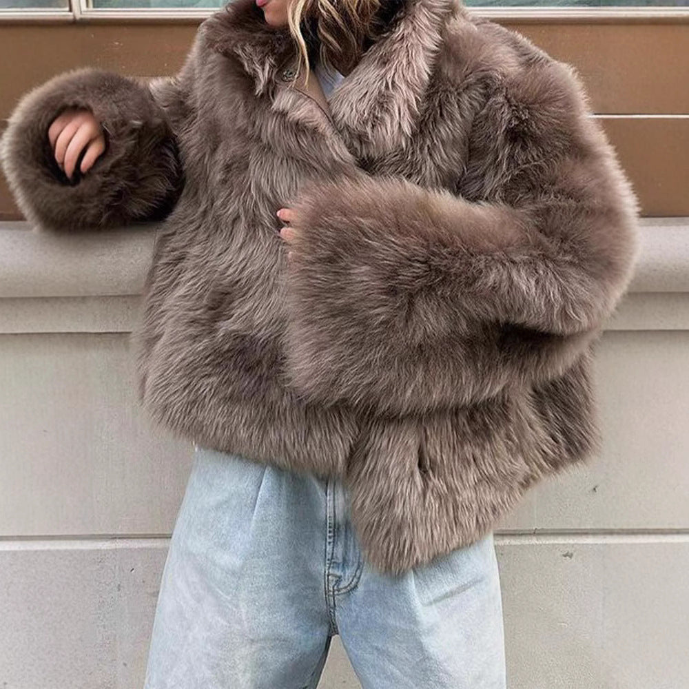 Damen Luxus Kunstfelljacke mit breitem Kragen R&B