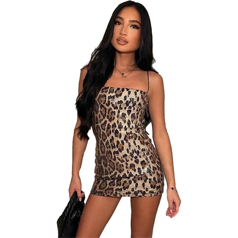 Damen Glitzerndes Minikleid mit Leopardenmuster und Spaghetti-Trägern R&B