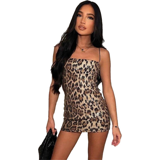 Damen Glitzerndes Minikleid mit Leopardenmuster und Spaghetti-Trägern R&B