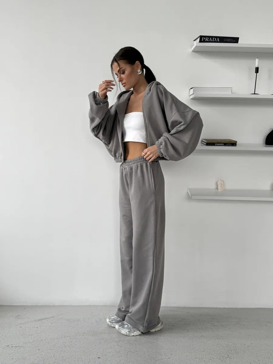 Damen lässiges Sweater-Set aus cropped Hoodie und bequemer Hose mit elastischem Bund R&B