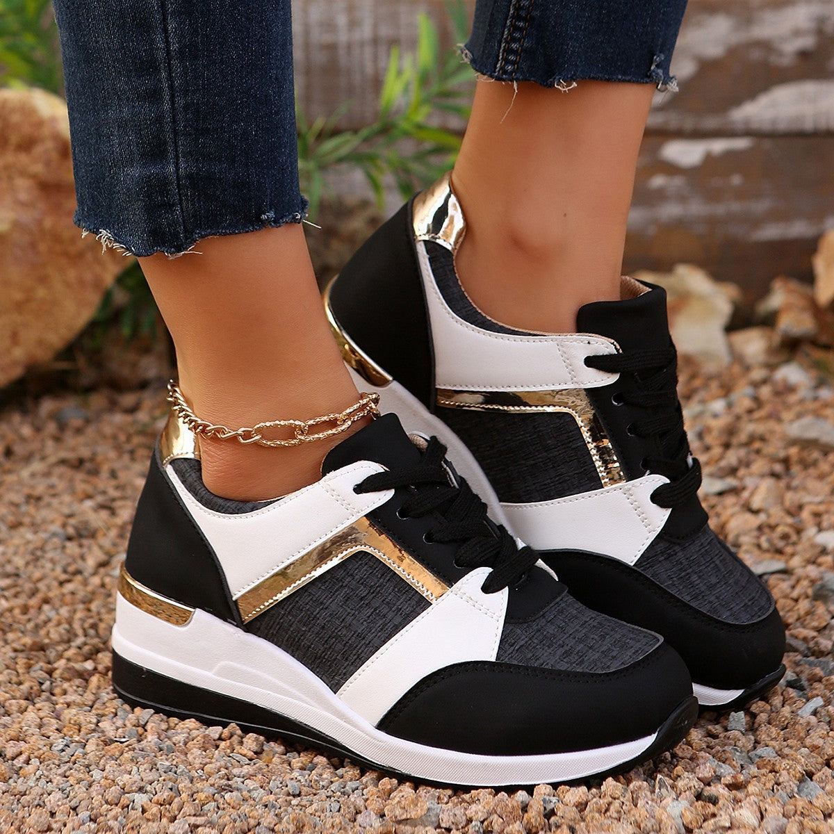 Damen modische Sneakers mit goldenen Akzenten und atmungsaktivem Obermaterial