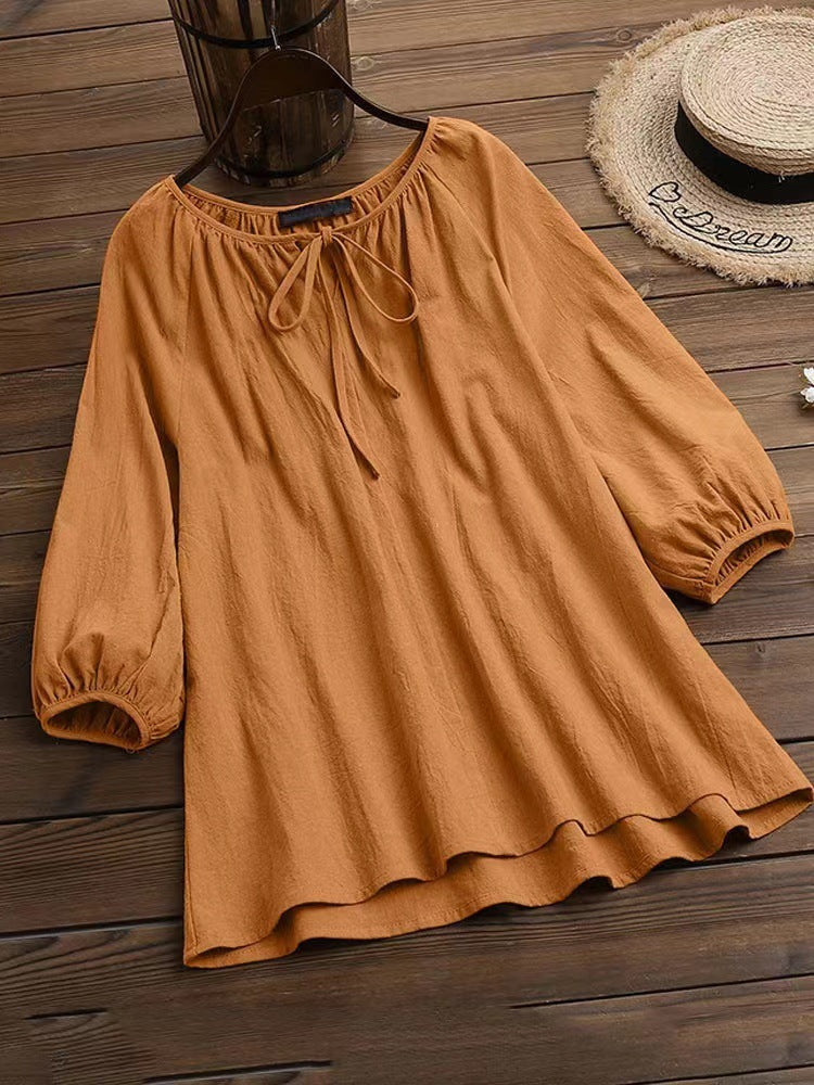Damen Bluse mit elegantem Rundhalsausschnitt und knieumspielenden Puffärmeln R&B