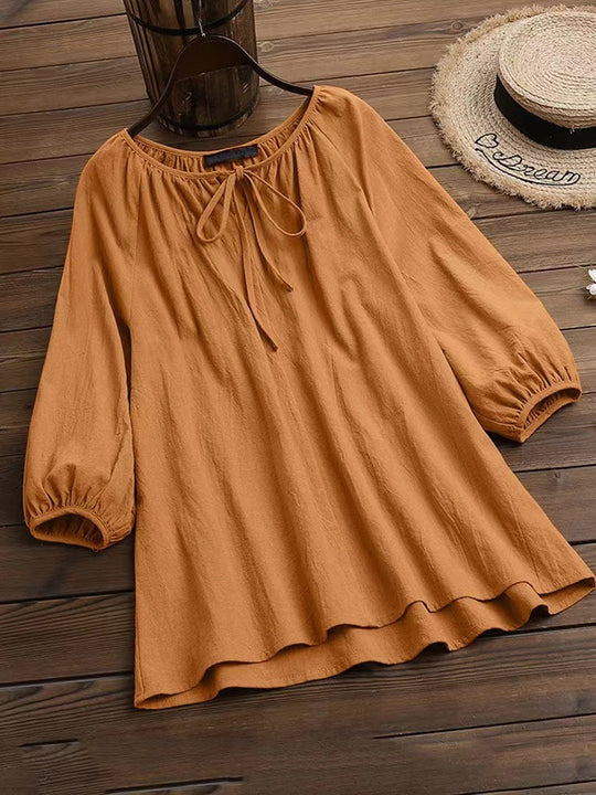Damen Bluse mit elegantem Rundhalsausschnitt und knieumspielenden Puffärmeln R&B