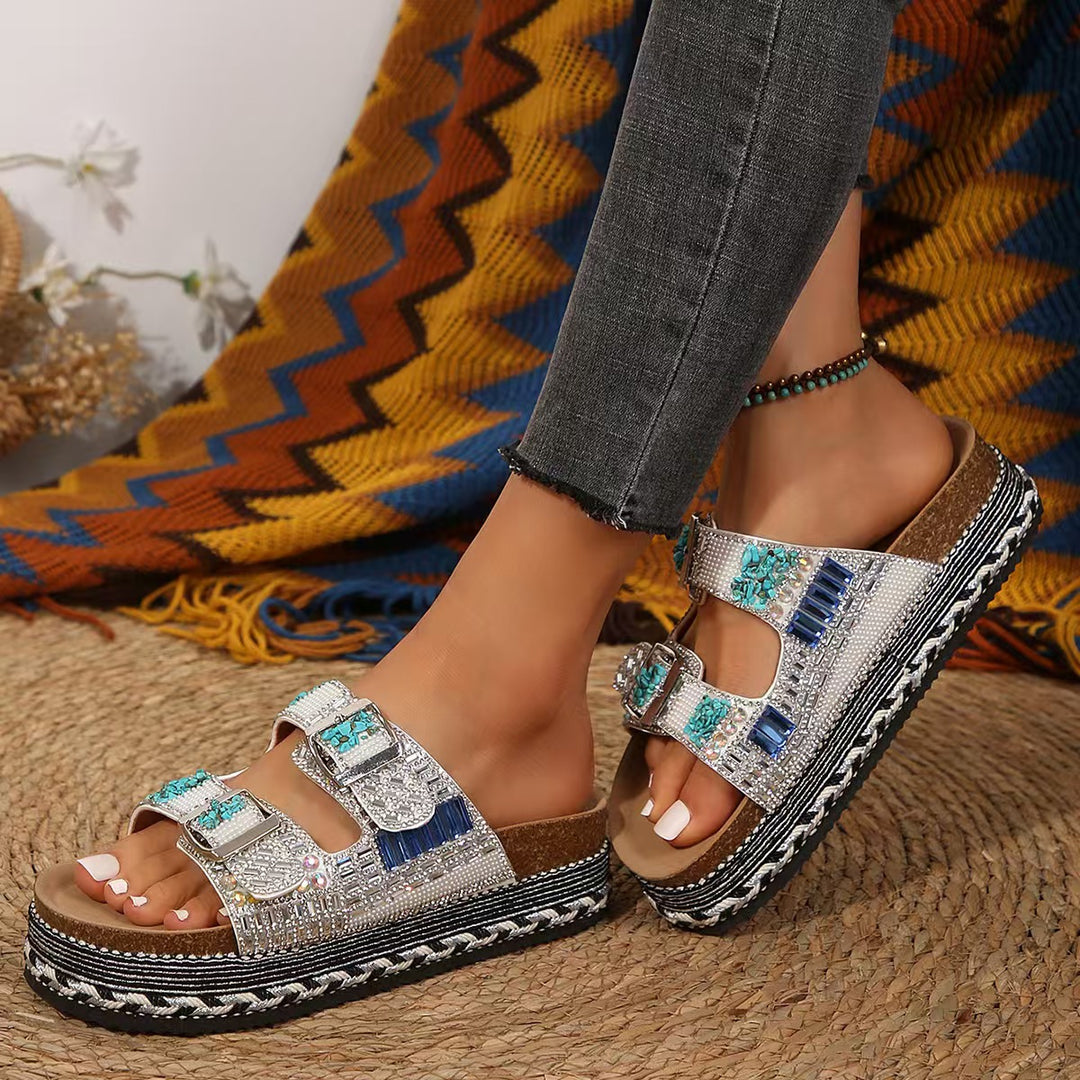 Damen Bequeme Riemensandalen mit Funkelnden Akzenten und Verstellbaren Riemen R&B
