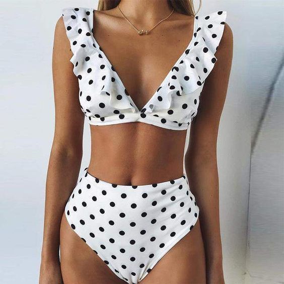 Damen Hoch tailliertes Bikini-Set mit verspielten Rüschen und Pünktchen R&B
