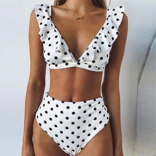 Damen Hoch tailliertes Bikini-Set mit verspielten Rüschen und Pünktchen R&B