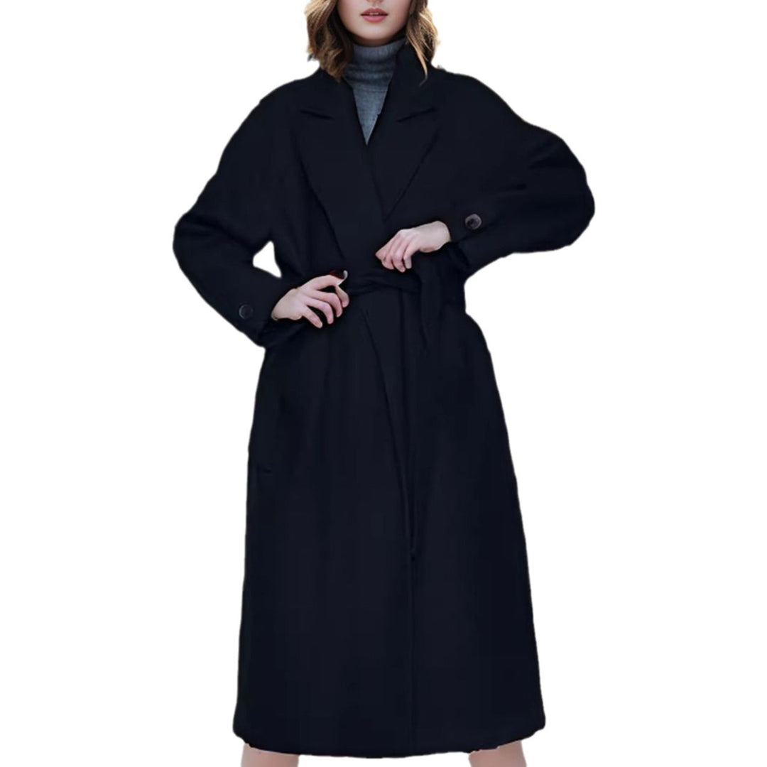 Damen eleganter langer Mantel mit breitem Revers und Gürtel R&B