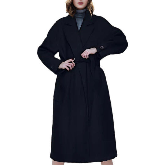 Damen eleganter langer Mantel mit breitem Revers und Gürtel R&B