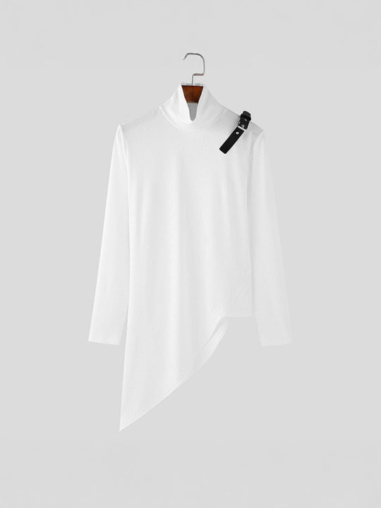 Damen nan asymmetrisches Longsleeve aus Feinstrick mit Stehkragen, diagonalem Saum und verstellbarem Schulterriemen R&B