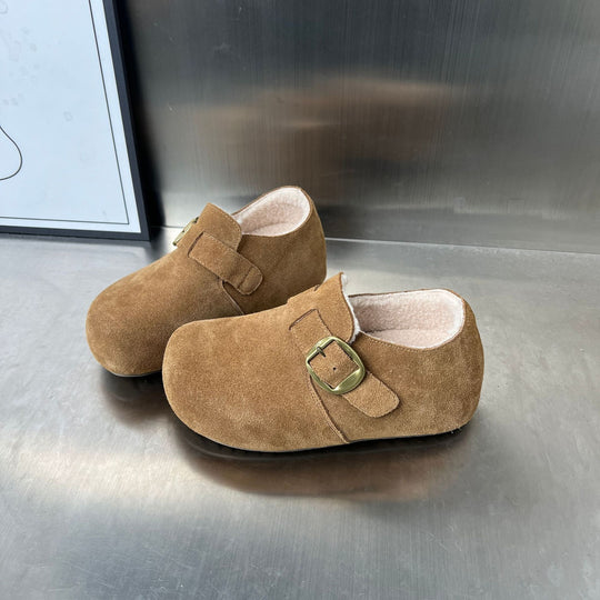 Damen Komfortable Wildleder-Clogs mit luxuriösem Fleece-Innenfutter und modischer Schnallenverzierung R&B