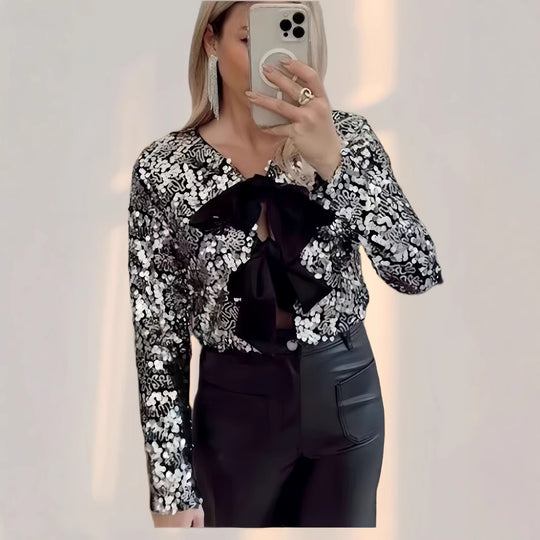 Damen Glitzernde Bluse mit Schleifendetail R&B