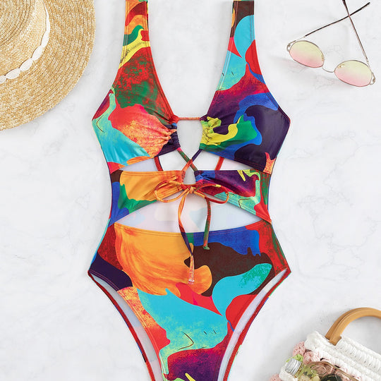 Damen Einteiler Badeanzug mit buntem Cut-Out-Design R&B