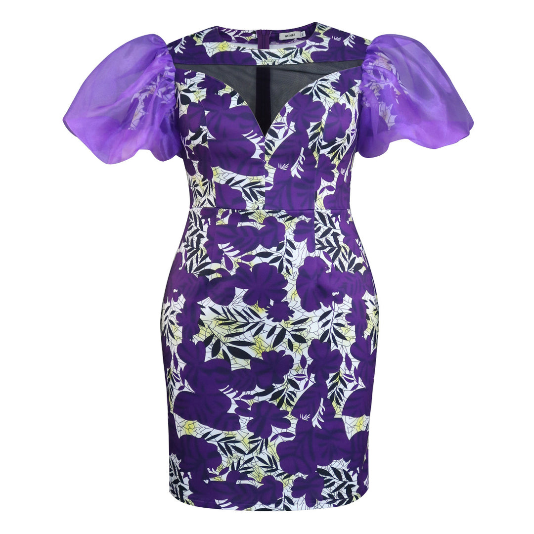 Damen extravagantes Cocktailkleid mit voluminösen Puffärmeln und floralem Muster R&B