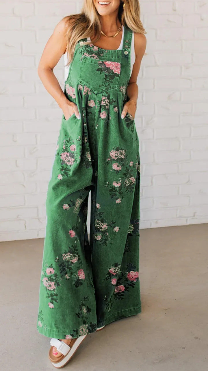 Damen Lässiger Denim-Hosenanzug mit floralem Print und weiten Beinen R&B