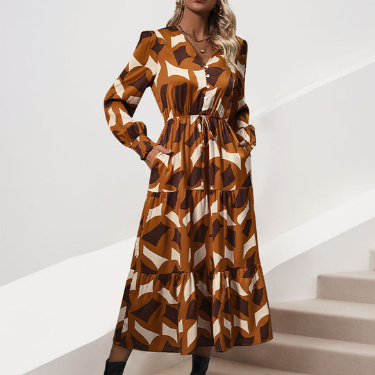 Damen Maxikleid mit knöpfen und elastischem Taillenzug R&B