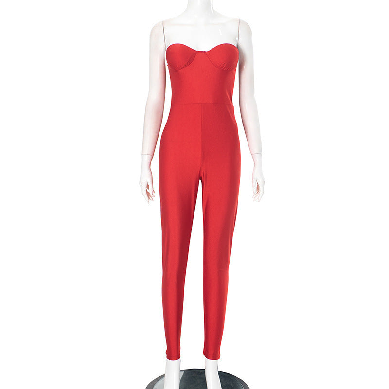 Damen figurbetonter Jumpsuit mit trägerlosem Design und elegantem Schnitt R&B