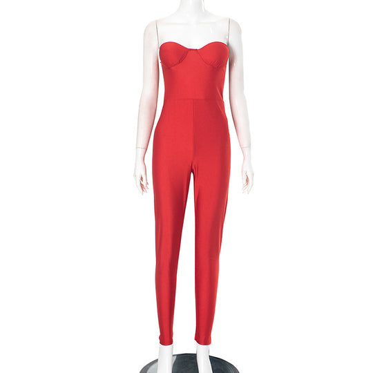 Damen figurbetonter Jumpsuit mit trägerlosem Design und elegantem Schnitt R&B