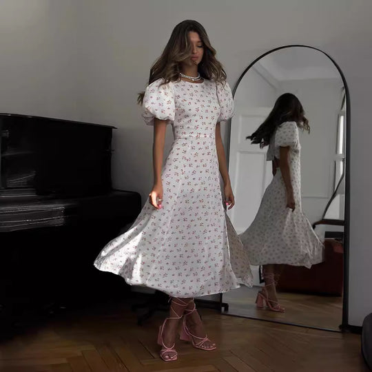 Damen luftiges Sommerkleid mit Puffärmeln und hohem Schlitz R&B