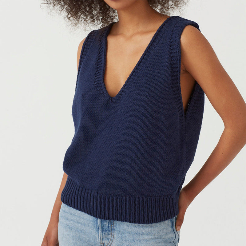 Damen stylischer Stricktop mit tiefem V-Ausschnitt und breiten Trägern R&B