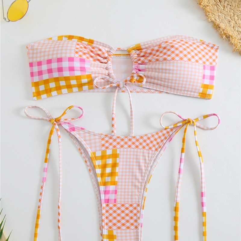 Damen Bikini-Set mit verspieltem Karomuster und verstellbaren Bindebändern R&B
