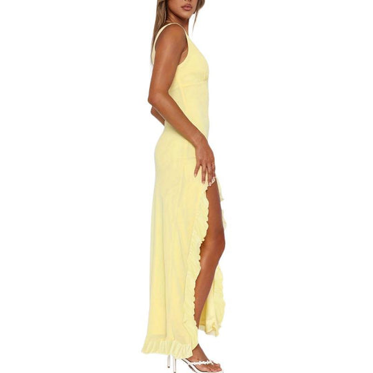 Damen Maxikleid mit voluminösen Rüschendetails und tiefem Schlitz R&B