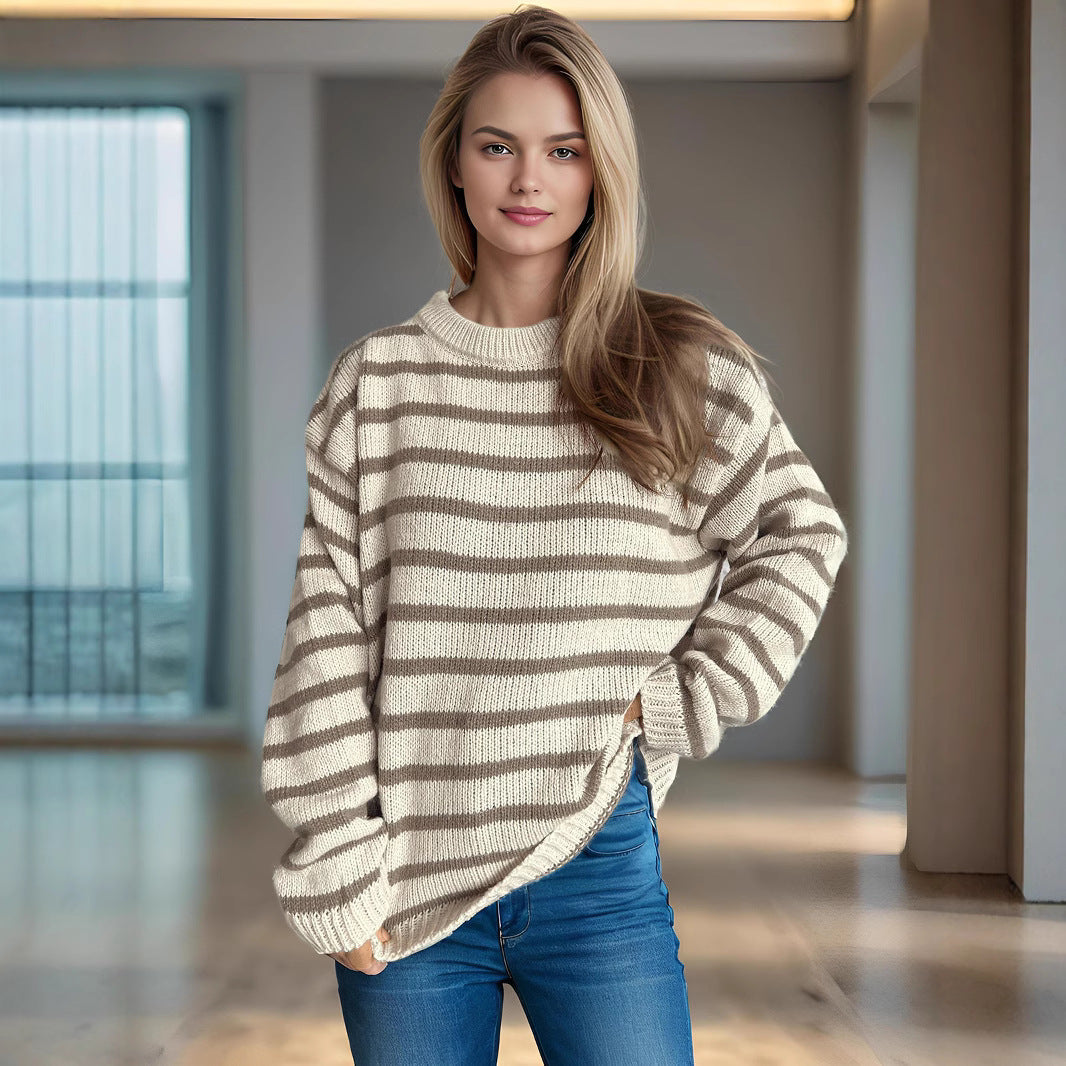 Damen lässiger Strickpullover mit breiten Streifen und lockerer Passform R&B