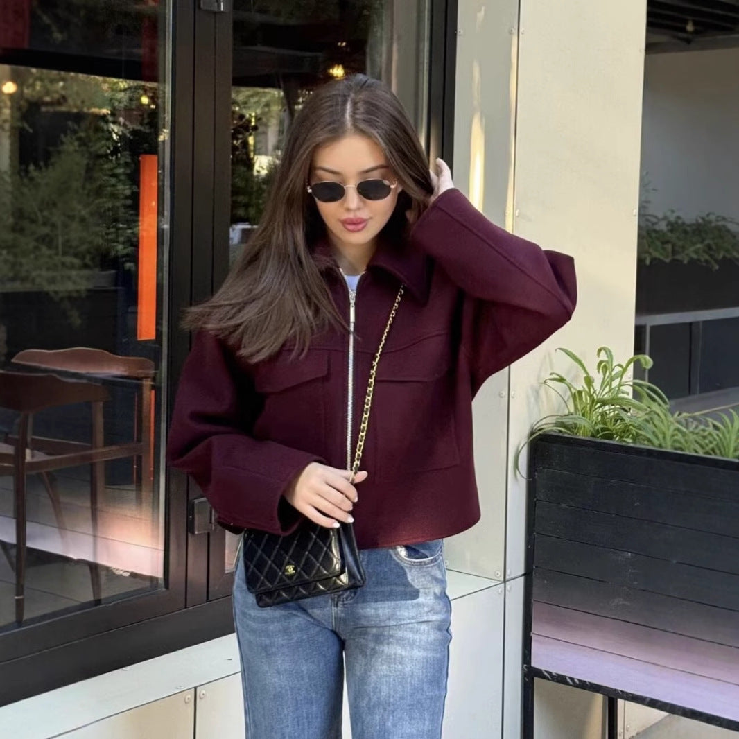 Damen lässige Wolljacke mit praktischen Brusttaschen und hochwertigem Reißverschluss R&B